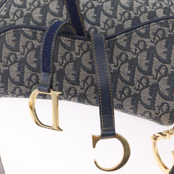 Christian Dior Trotter Canvas Double Saddle Bag Navy Gold Auth 214483M