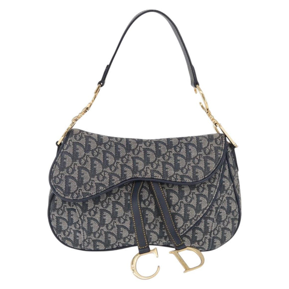 Christian Dior Trotter Canvas Double Saddle Bag Navy Gold Auth 214483M