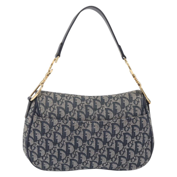Christian Dior Trotter Canvas Double Saddle Bag Navy Gold Auth 214483M
