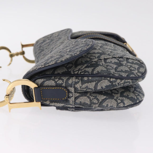Christian Dior Trotter Canvas Double Saddle Bag Navy Gold Auth 214483M