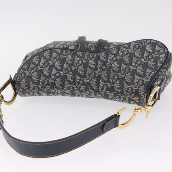 Christian Dior Trotter Canvas Double Saddle Bag Navy Gold Auth 214483M