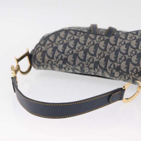 Christian Dior Trotter Canvas Double Saddle Bag Navy Gold Auth 214483M