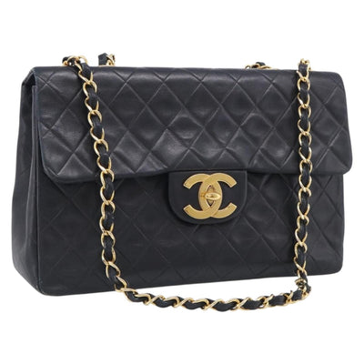 CHANEL Big Matelasse 34 Chain Shoulder Bag Lamb Skin Black Gold CC Auth 214489V