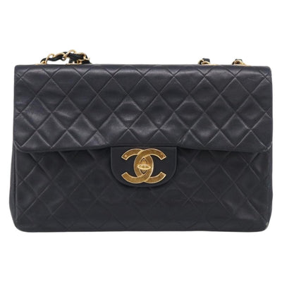 CHANEL Big Matelasse 34 Chain Shoulder Bag Lamb Skin Black Gold CC Auth 214489V - 0