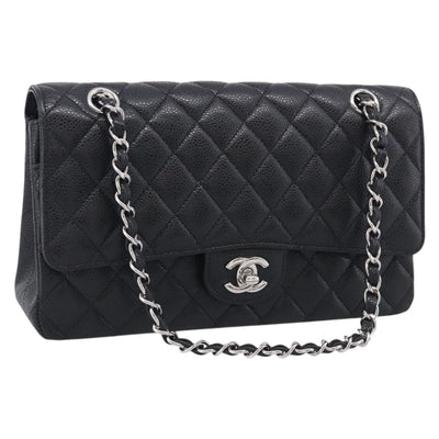 CHANEL Matelasse 25 Double Flap Chain Shoulder Bag Caviar Skin CC Auth 214491SM