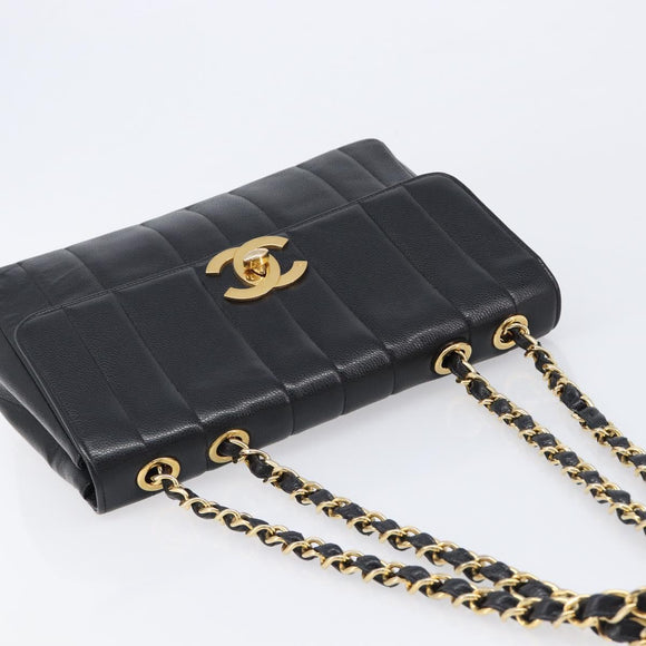 CHANEL Mademoiselle Chain Shoulder Bag Caviar Skin Black Gold CC Auth 214493SAM