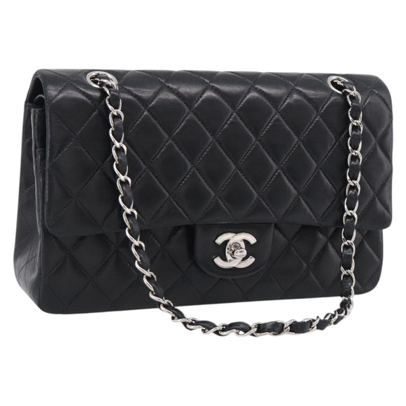 CHANEL Matelasse 25 Double Flap Chain Shoulder Bag Lamb Skin Auth 214495SAM