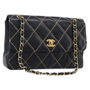 CHANEL Wild Stitch Matelasse Chain Shoulder Bag Leather Black CC Auth 214507SAV-1
