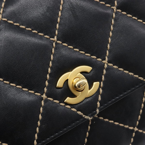 CHANEL Wild Stitch Matelasse Chain Shoulder Bag Leather Black CC Auth 214507SAV