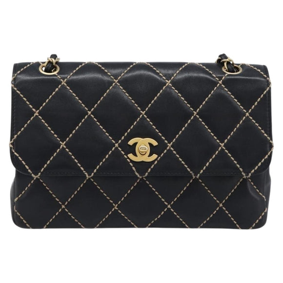 CHANEL Wild Stitch Matelasse Chain Shoulder Bag Leather Black CC Auth 214507SAV