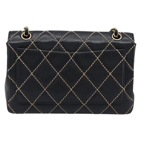 CHANEL Wild Stitch Matelasse Chain Shoulder Bag Leather Black CC Auth 214507SAV