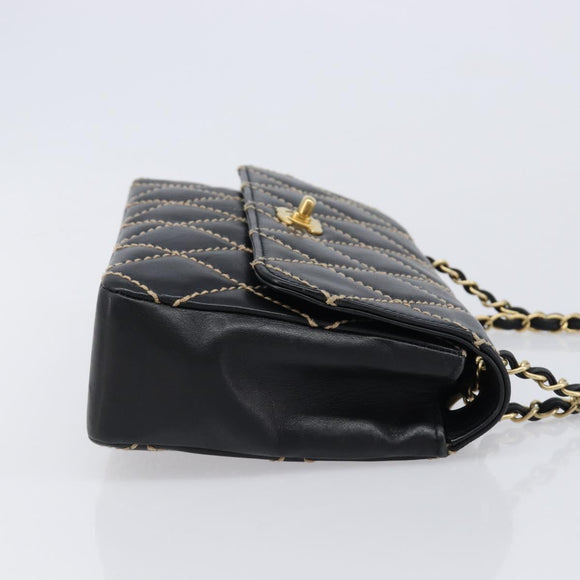 CHANEL Wild Stitch Matelasse Chain Shoulder Bag Leather Black CC Auth 214507SAV
