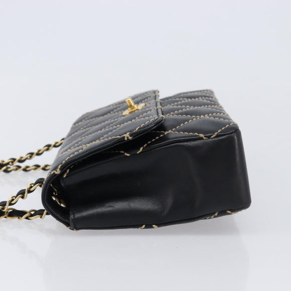 CHANEL Wild Stitch Matelasse Chain Shoulder Bag Leather Black CC Auth 214507SAV