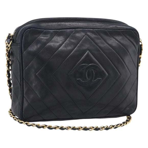 CHANEL Chain Shoulder Bag Lamb Skin Black Gold CC Auth 214657V