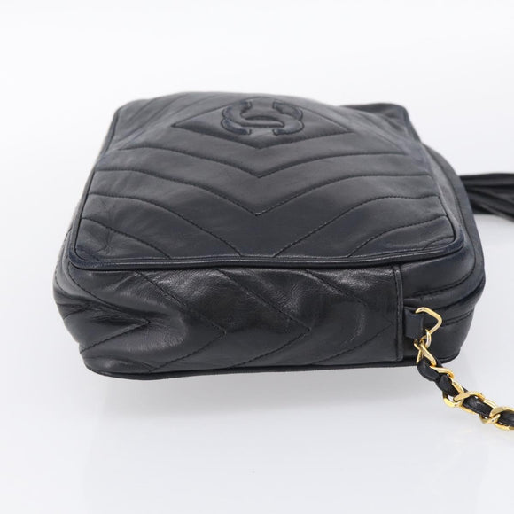 CHANEL Chain Shoulder Bag Lamb Skin Black Gold CC Auth 214657V