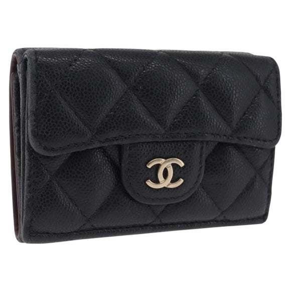 CHANEL Matelasse Trifold Wallet Caviar Skin Black Gold CC Auth 214753