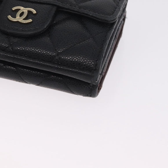 CHANEL Matelasse Trifold Wallet Caviar Skin Black Gold CC Auth 214753