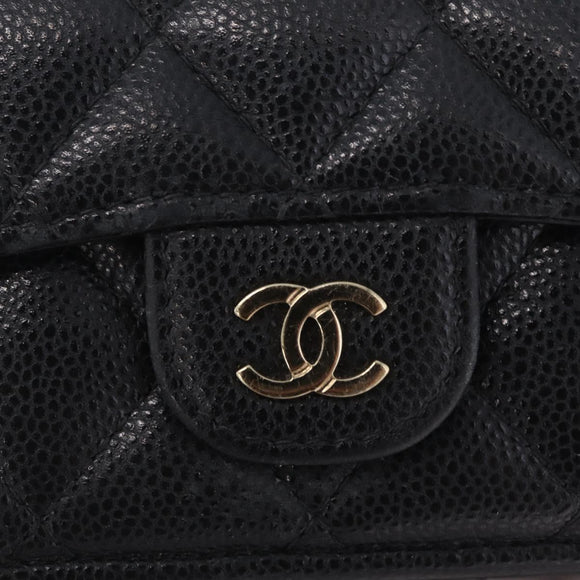 CHANEL Matelasse Trifold Wallet Caviar Skin Black Gold CC Auth 214753