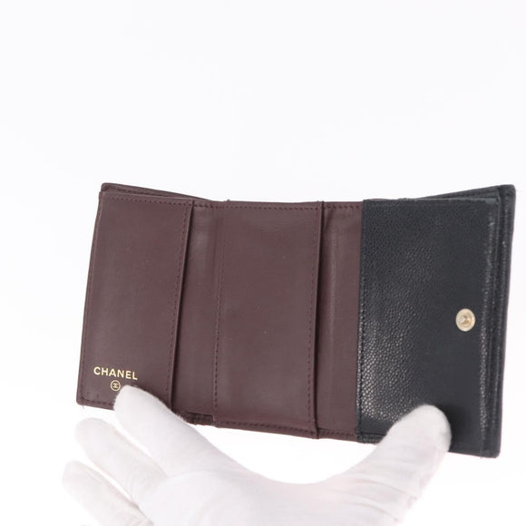 CHANEL Matelasse Trifold Wallet Caviar Skin Black Gold CC Auth 214753