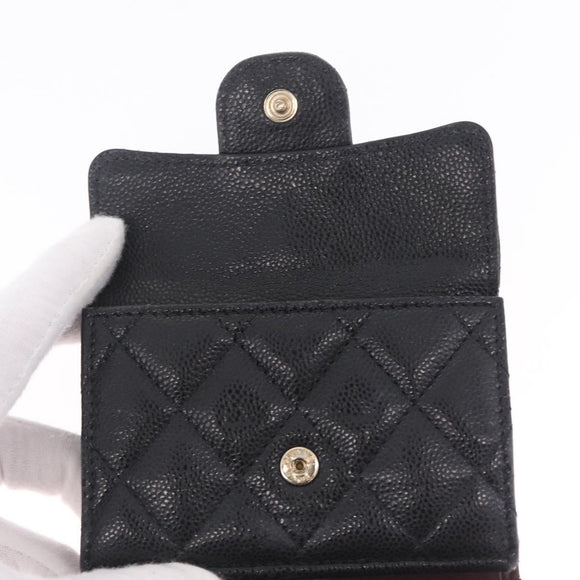 CHANEL Matelasse Trifold Wallet Caviar Skin Black Gold CC Auth 214753