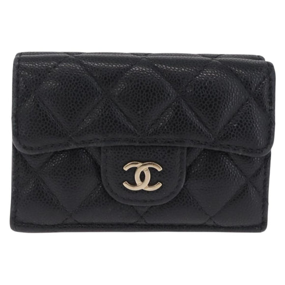 CHANEL Matelasse Trifold Wallet Caviar Skin Black Gold CC Auth 214753