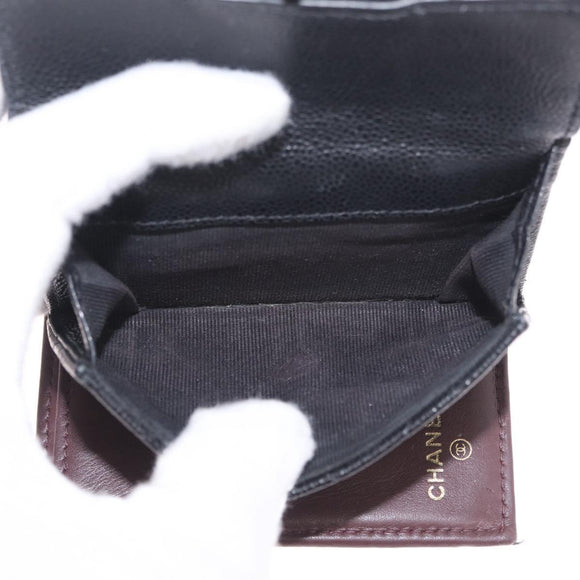 CHANEL Matelasse Trifold Wallet Caviar Skin Black Gold CC Auth 214753