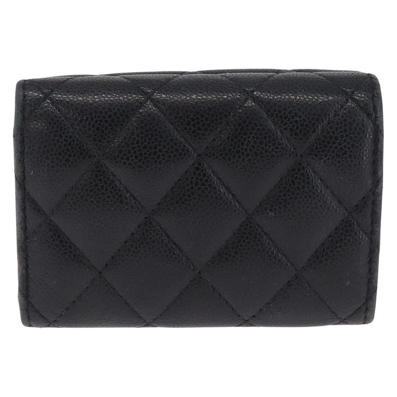 CHANEL Matelasse Trifold Wallet Caviar Skin Black Gold CC Auth 214753