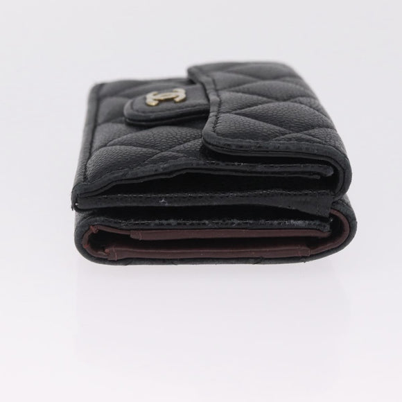 CHANEL Matelasse Trifold Wallet Caviar Skin Black Gold CC Auth 214753