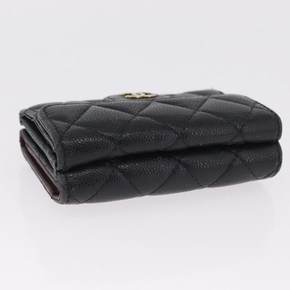 CHANEL Matelasse Trifold Wallet Caviar Skin Black Gold CC Auth 214753