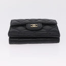 CHANEL Matelasse Trifold Wallet Caviar Skin Black Gold CC Auth 214753-8