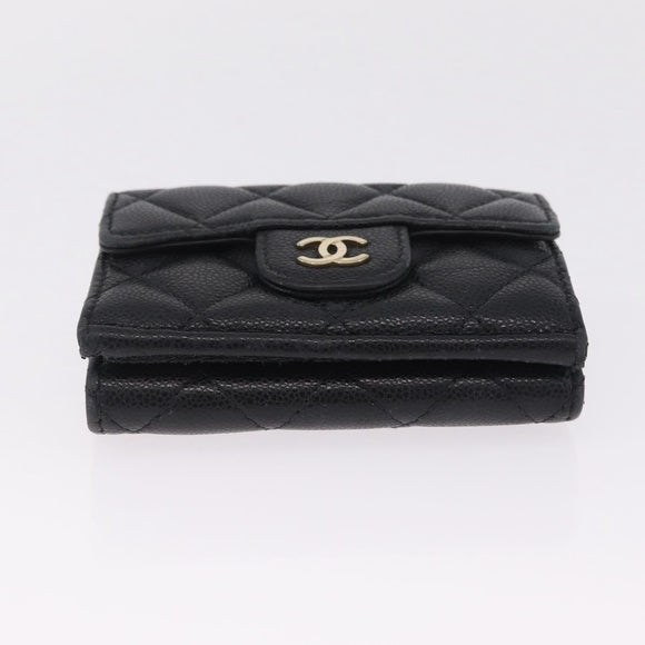 CHANEL Matelasse Trifold Wallet Caviar Skin Black Gold CC Auth 214753