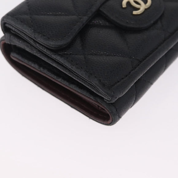 CHANEL Matelasse Trifold Wallet Caviar Skin Black Gold CC Auth 214753