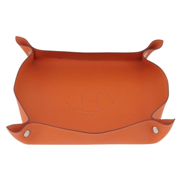HERMES Mail Tray Decorative Trays Leather Orange Silver Auth 214756