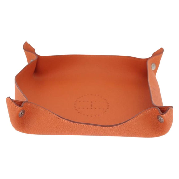 HERMES Mail Tray Decorative Trays Leather Orange Silver Auth 214756