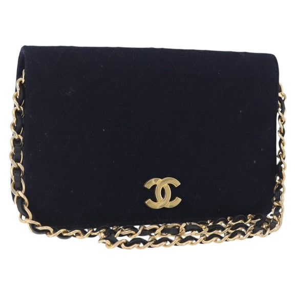 CHANEL Matelasse Chain Shoulder Bag Cotton Navy Gold CC Auth 214759