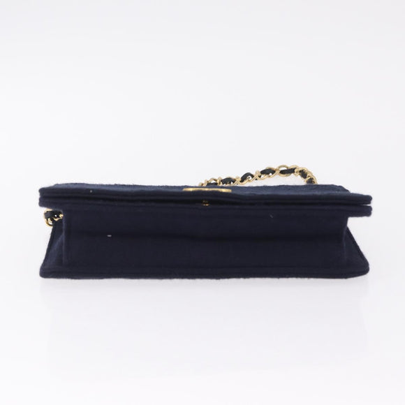 CHANEL Matelasse Chain Shoulder Bag Cotton Navy Gold CC Auth 214759