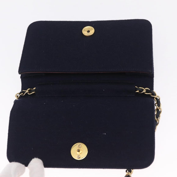 CHANEL Matelasse Chain Shoulder Bag Cotton Navy Gold CC Auth 214759