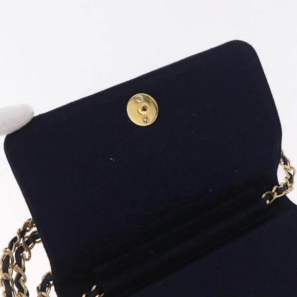 CHANEL Matelasse Chain Shoulder Bag Cotton Navy Gold CC Auth 214759