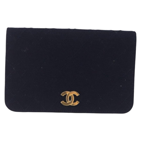 CHANEL Matelasse Chain Shoulder Bag Cotton Navy Gold CC Auth 214759