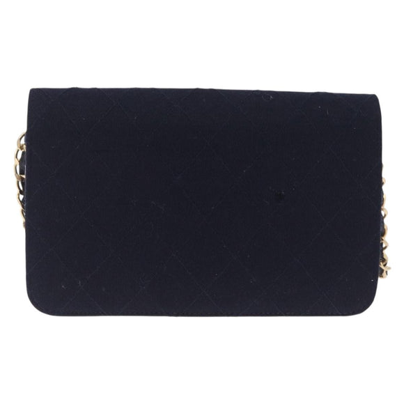CHANEL Matelasse Chain Shoulder Bag Cotton Navy Gold CC Auth 214759