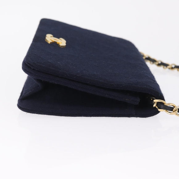 CHANEL Matelasse Chain Shoulder Bag Cotton Navy Gold CC Auth 214759