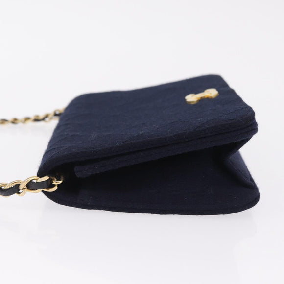 CHANEL Matelasse Chain Shoulder Bag Cotton Navy Gold CC Auth 214759