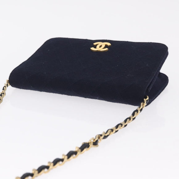 CHANEL Matelasse Chain Shoulder Bag Cotton Navy Gold CC Auth 214759