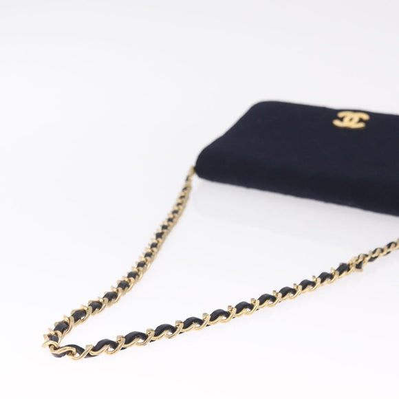 CHANEL Matelasse Chain Shoulder Bag Cotton Navy Gold CC Auth 214759