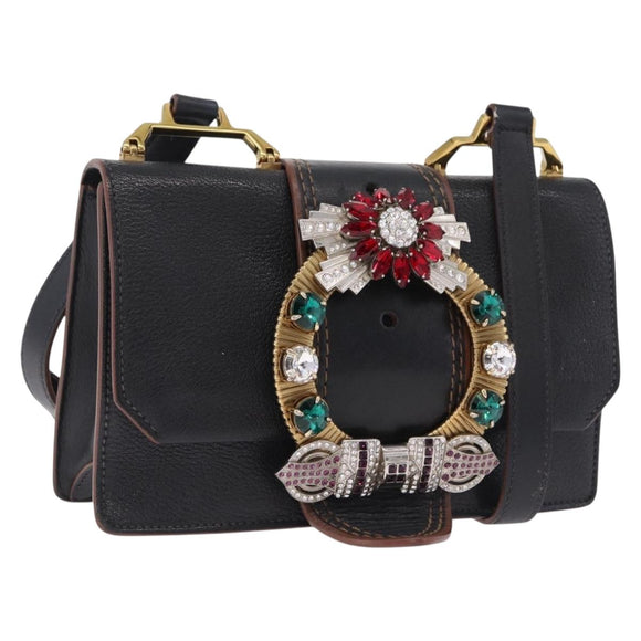 Miu Miu Madras Shoulder Bag Leather Black Gold Auth 214768A