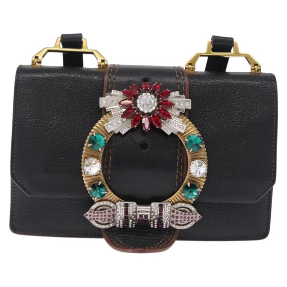 Miu Miu Madras Shoulder Bag Leather Black Gold Auth 214768A