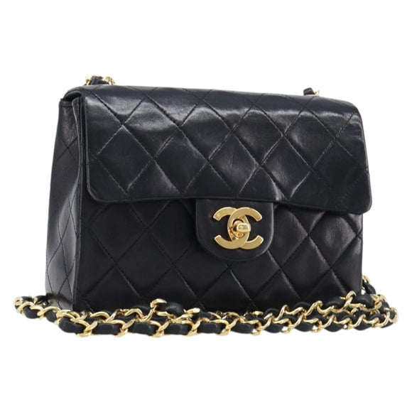 CHANEL Mini Matelasse 17 Chain Bag Lamb Skin Black Gold CC Auth 214790SV