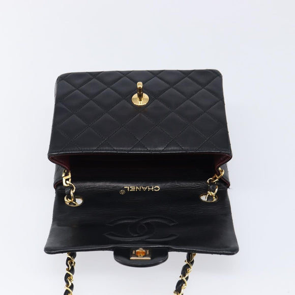 CHANEL Mini Matelasse 17 Chain Bag Lamb Skin Black Gold CC Auth 214790SV