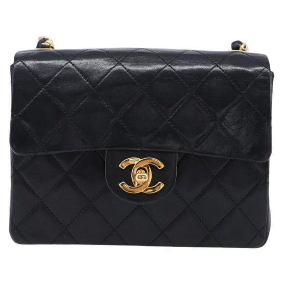 CHANEL Mini Matelasse 17 Chain Bag Lamb Skin Black Gold CC Auth 214790SV