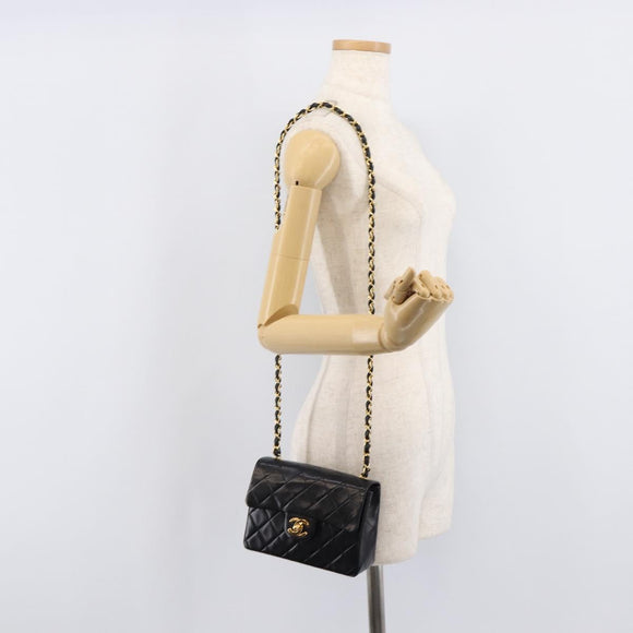 CHANEL Mini Matelasse 17 Chain Bag Lamb Skin Black Gold CC Auth 214790SV